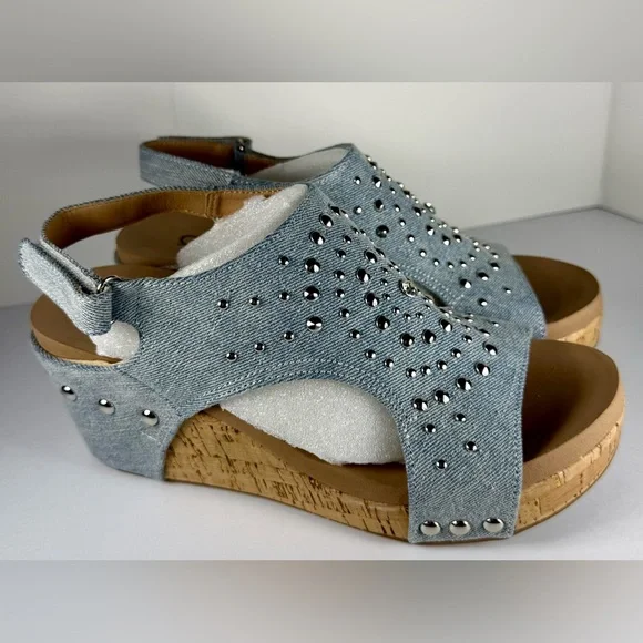 Corkys Denim and Silver Studded Wedges - Picture 4 of 10